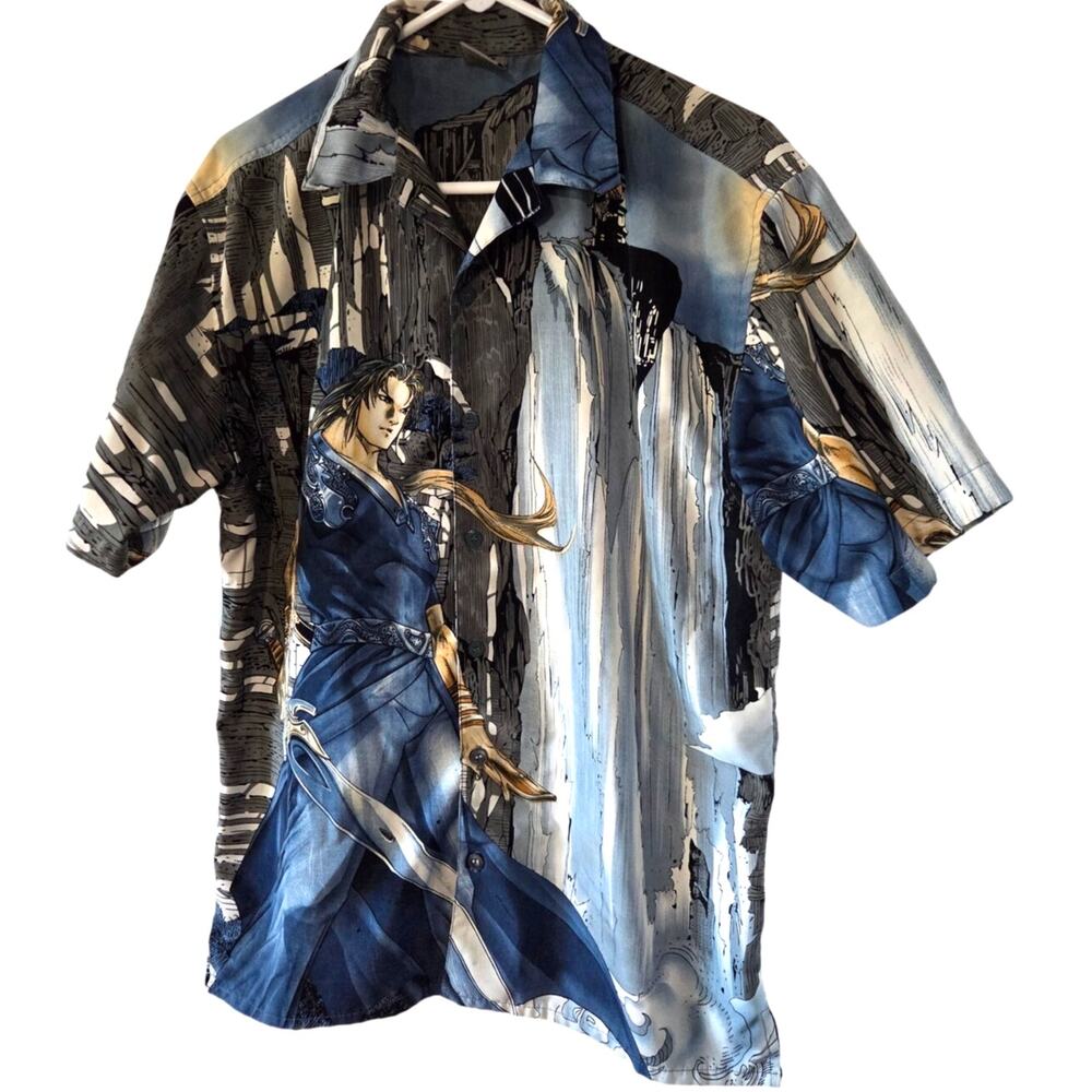 Claudio Nucci Shirt Mens Medium Blue Anime All Over Graphic Button Up